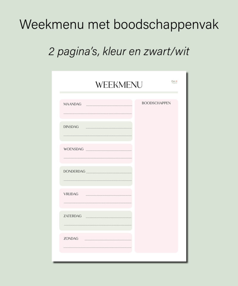 Weekmenu met boodschappenvak