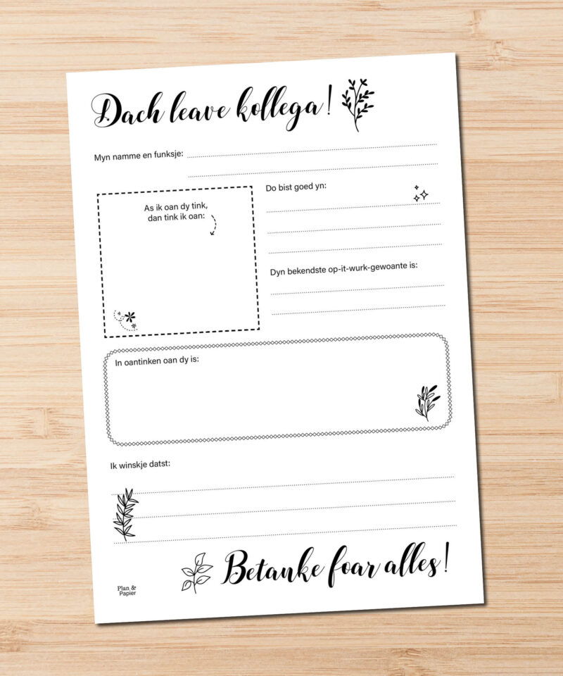 Printable afscheid collega in het Fries – printbaar invulboekje