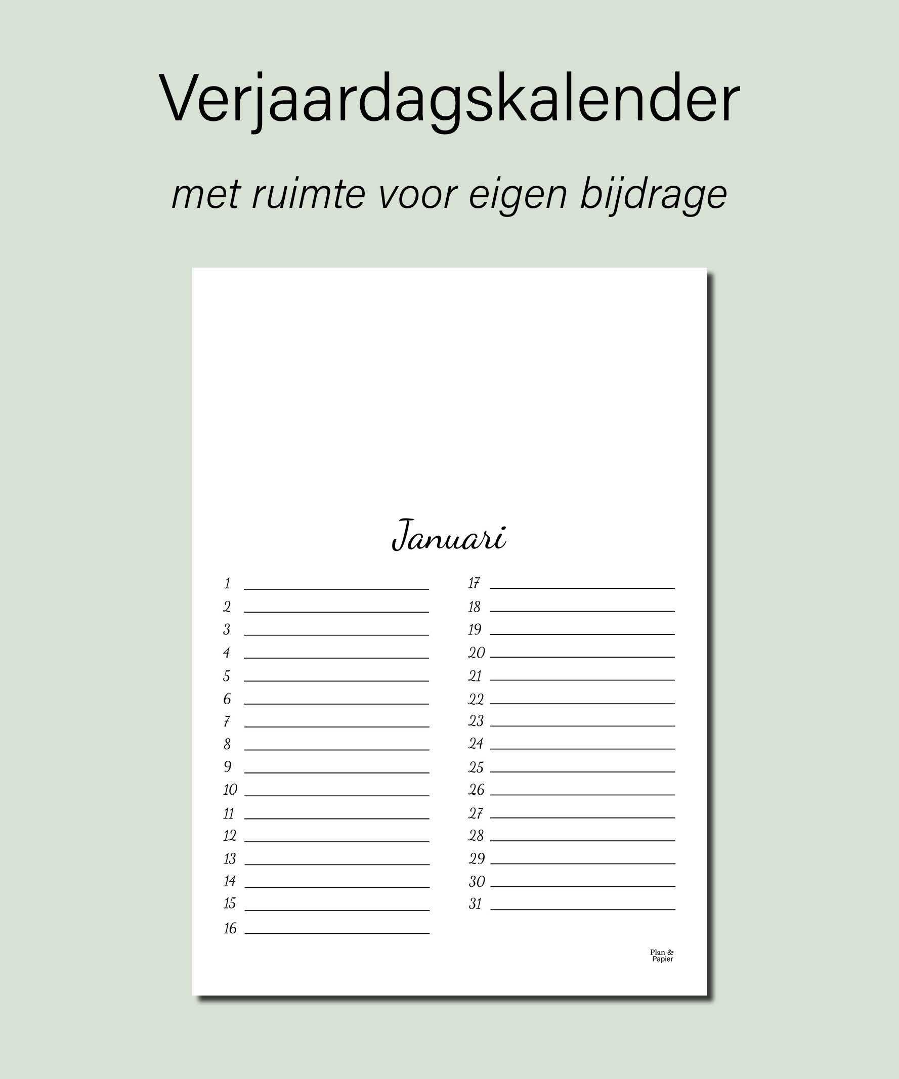 Verjaardagskalender (met ruimte voor eigen bijdrage)